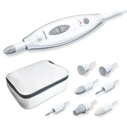 Beurer MP 41 Set de manicura y pedicura profesional, torno para uñas con 7 accesorios, luz LED, rotación derecha/izquierda, 2 velocidades, bolsa incluida