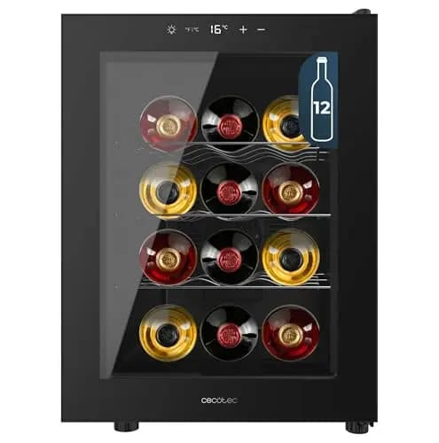 Cecotec Vinoteca 12 Botellas Bolero GrandSommelier 1255 CoolCrystal E. Estantes Metálicos, Control Táctil, Temperatura 8 a 18ºC, Temperatura 8 a 18ºC, Negra