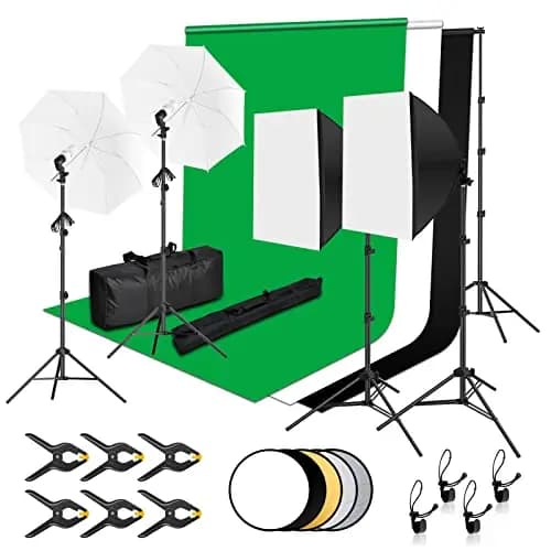 EMART Kit de Estudio Fotográfico, Sistema de Soporte de 2,6M x 3M con Softbox Set Reflector Fondo Fotográfico, Kit de Iluminación de 800W 5500K, para Fotografía de Retrato y Video