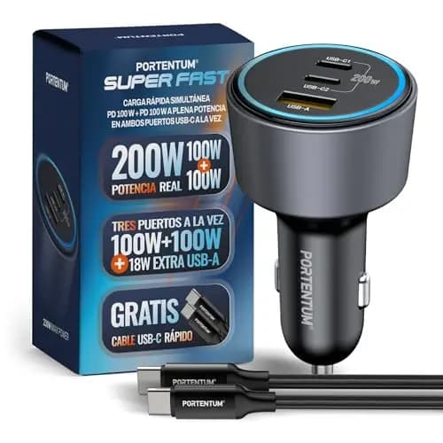 PORTENTUM Triple Cargador Coche Carga Rapida 200W – Incluye Cable de 100W USB-C – 2X USBC PD 100W + USBA QC 18W – Accesorio Mechero – para Macbook Portátil iPhone iPad Tablet Smarphone Galaxy