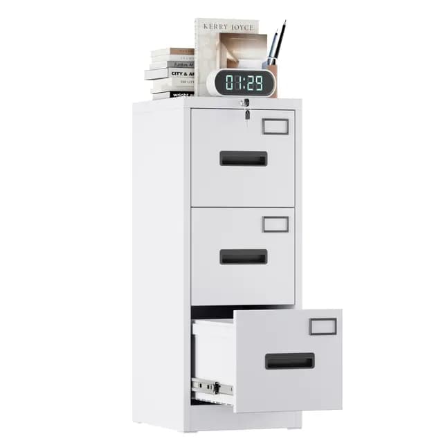A4 Armario Archivador Metálico, 3 Cajonera Oficina Archivadores Verticales, Bloqueable, Incluye 2 Llaves, Dispositivo de Inserción, Muebles Oficina