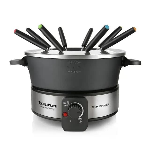 Taurus – Fondue Eléctrica FF2, 1000W, 2L, 8 Personas, Termostato Regulable 200ºC, Olla Antiadherente, Sin PFOA, Chocolate, Queso, Caldo y Aceite, 8 Tenedores, Asa Transporte, Lavavajillas, Negro