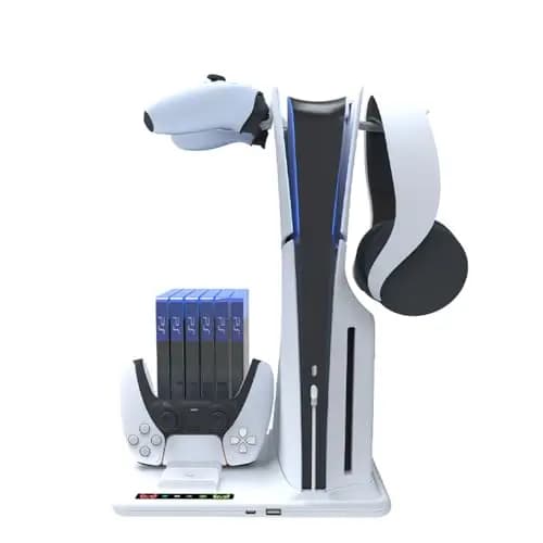 Soporte de refrigeración para PS5 Slim con estación de Carga de Controladores duales PS5, estación de enfriamiento para PS5 Slim Consola con Ranura para 6 Discos de Juego, con 2 colgadores