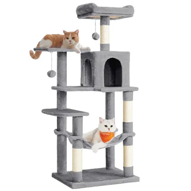 Feandrea Árbol para Gatos, Altura 143 cm, Torre de Gatos, con 4 Postes Rascadores, 2 Plataformas, 1 Cueva, 1 Hamaca, 2 Pompones, Tela de Felpa, Multinivel, Gris Claro PCT161W01