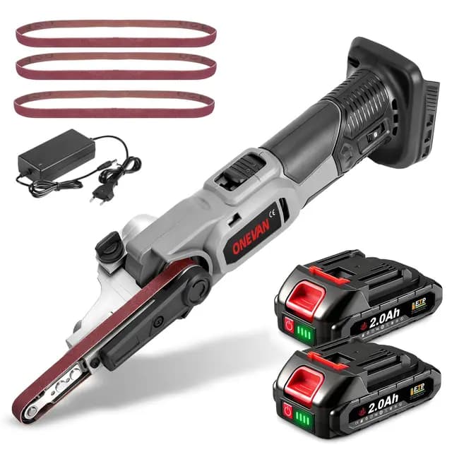 ONEVAN lijadora de banda bateria, lima de banda eléctrica con 2 baterías de 2000 mAh, 6 velocidades, ajustable a 35°, lijadora de banda inalámbrica para madera, incluye 3 bandas de lijado