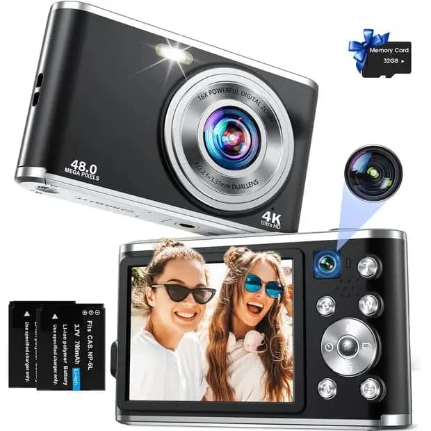 Cámara Digital, 4K Cámara Digital Compacta con Tarjeta SD 32G Cámara Dual Delantera y Trasera, HD 48MP con Pantalla Grande de 2.8", Zoom Digital 16X, para Principiantes