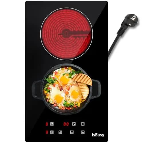 Placa de vitrocerámica IsEasy doble vitrocerámica, 3000 W, 29,5 cm, 2 zonas de cocción, 9 niveles de calor, temporizador de 1-99 minutos, control táctil, apagado automático, protección para niños