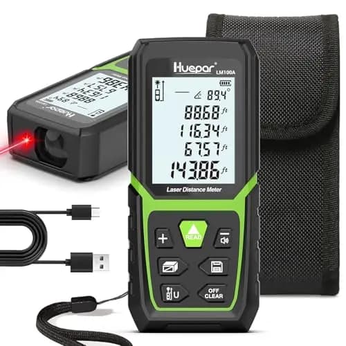 Huepar Telémetro Láser con Batería de Ion de Litio y Sensor de Ángulo Eléctrico, LCD Retroiluminado Medida Láser M/In/Ft con Alta Precisión Modos de Medición Múltiple, Pitagórico