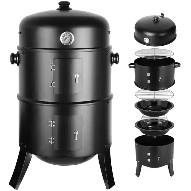 TLGREEN Ahumador 3 en 1, Smoker Barbacoa, Barril de Ahumado, Ø44,5 x 80 cm, Incluye Salida de Aire Regulable y Termómetro, Cuenco de Agua, 2 Rejillas de Barbacoa, para Ahumar, Asar y Cocinar