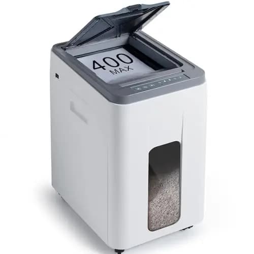 Destructora Papel Automática Profesional: 400 Hojas Microcorte P-5 Non Stop Destruye Tarjetas/Grapas con Cubo 50L para Oficina Casa Clínicas Hospitales Centros Educativos – Imagen 1