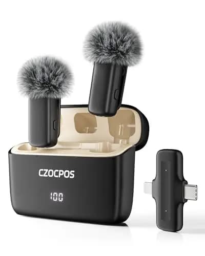 CZOCPOS Micrófono inalámbrico para Phone, Pad y Android con Estuche de Carga, 2 micrófonos de Solapa Plug & Play, reducción de Ruido, Mini micrófono para Video, Youtube, Vlog y Streaming