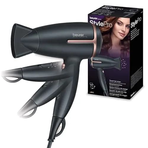 HC 25 de Beurer secador de viaje plegable con función de iones, potente secador de pelo, para un cabello suave y liso, para viajes, 1600 vatios, adaptación de tensión universal 110-120/220-240 V