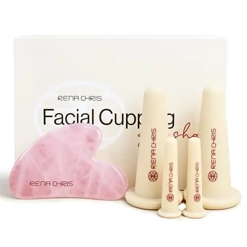 Rena Chris Set de Ventosas Faciales & Gua Sha Herramienta-Ventosas de Silicona & Piedra GuaSha de Cuarzo Rosa,Para Cuidado Natural de la Piel, Desinflamar y Volumen de Labios (Rosa)
