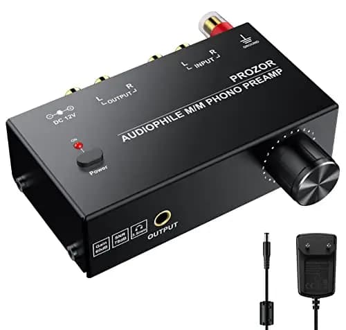 Preamplificador de Fono MM RIAA Preamp Tocadiscos Preamplificador de Microfono con Controles de Nivel Conector de Entrada y Salida RCA con Adaptador de Corriente 12V Preamplificador Estereo HiFi