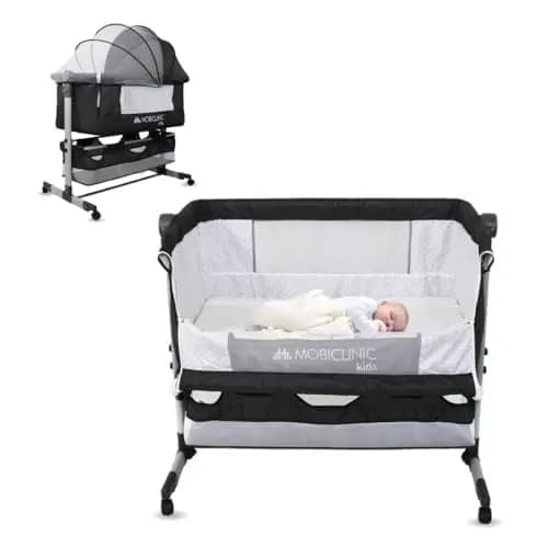 Mobiclinic®, Cuna 3 en 1, Night, Altura Ajustable, Colchón, Mosquitera, Ruedas 360º, Correas de Sujeción, Cesta de Almacenamiento, hasta 20 kg, Negro