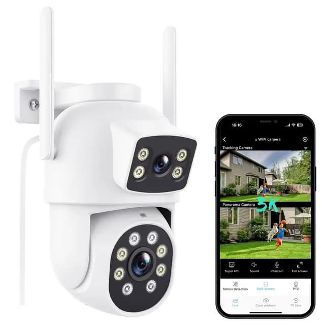Reobiux 3K Camara Vigilancia WiFi Exterior con Doble Lente, 6MP Cámara IP PTZ Exterior, Detección Humana, Visión Nocturna en Color, Audio Bidireccional, Grabación Continua 7/24, IP66