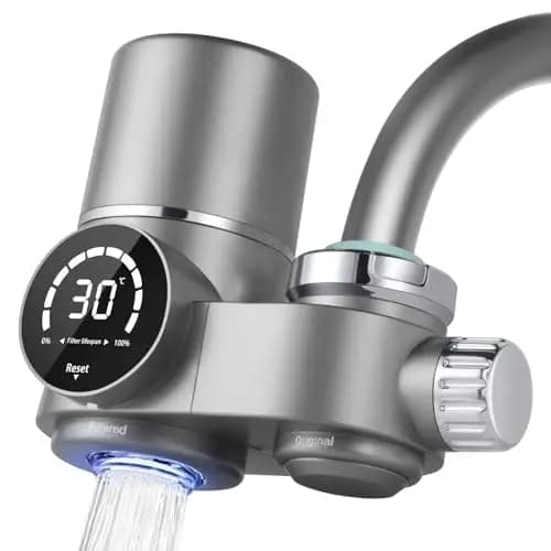HOTUT Filtro de Agua Potable para el Hogar para Grifo con Luz Azul, Filtro de Agua con indicador LED con 1 Cartuchos de Fibra de Carbono, Elimina el Cloro