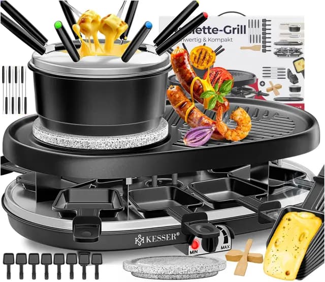 KESSER® 3 en 1 Raclette grill con piedra natural antiadherente, placa de parrilla y fondue, parrilla eléctrica de mesa para 8 personas.