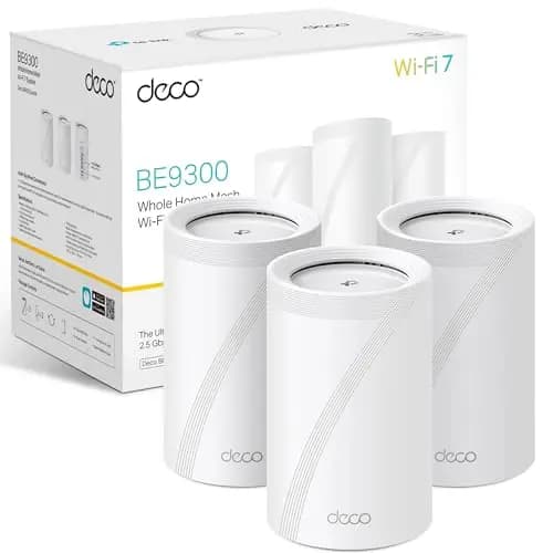 TP-Link Deco BE65(3-Pack) - BE9300 Wi-Fi 7 Mesh WLAN Set (Paquete de 3), Tribanda 5760 Mbit/s (6 GHz) + 2880 Mbit/s (5 GHz) + 574 Mbit/s (2,4 GHz), 6 transmisiones, 4 Puertos 2.5G, 1 USB 3.0