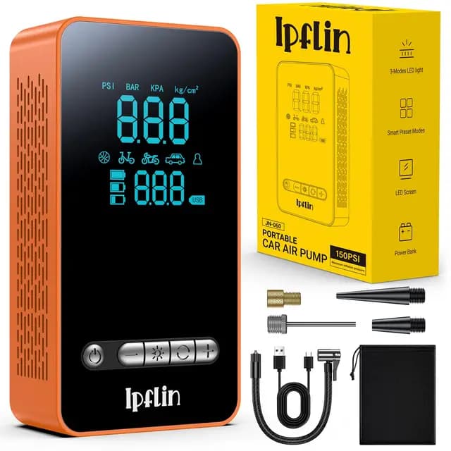 Compresor Aire Portatil - Inflador Ruedas Coche Inflador Electrico, 150PSI con Linterna y Batería Recargable - para Coches, Motos, Bicicletas SOS Emergencia y para Viajes Familiares, Naranja