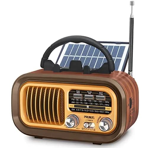 PRUNUS J-150 Radio Vintage Retro FM/Am/SW, Radio Portatil Pequeña Recargable de 1200mAh, o Funciona con 2 Pilas D, con Panel Solar, Transistores Radios con Bluetooth, Reproductor USB/TF de 5W.