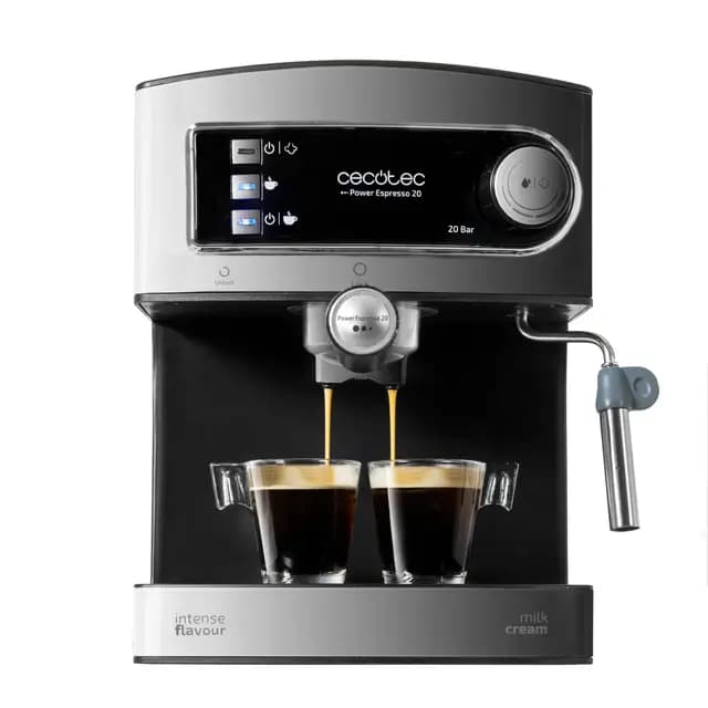Cecotec Cafetera Express Manual Power Espresso 20. 850W, Presión 20 Bares, Depósito de 1,6L, Brazo Doble Salida, Vaporizador, Superficie Calientatazas, Acabados en Acero Inoxidable