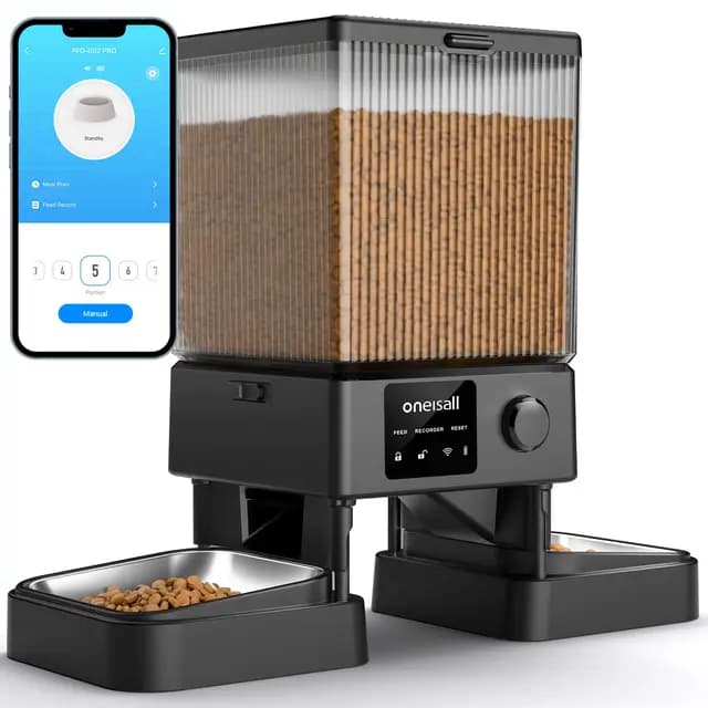 oneisall 5L Comedero Automático Gato 2 Tazones, 5G/2.4G WiFi Máquina de Comida Inteligente para Gatos/Perros, fácil Operación con Control App, con 2 Tazones de Acero Inoxidable, Grabadora de Voz – Imagen 1