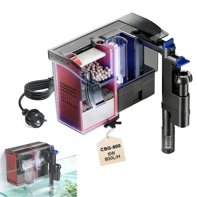 EXLECO Filtro Externo Acuario Tipo Mochila 6W 800L/H, con Lámpara UV, Skimmer y Esponja Filtrante – Ajustable, Suspendido, con Repuestos, para 75-190L Peceras y Tortugueras Tortugas de Agua