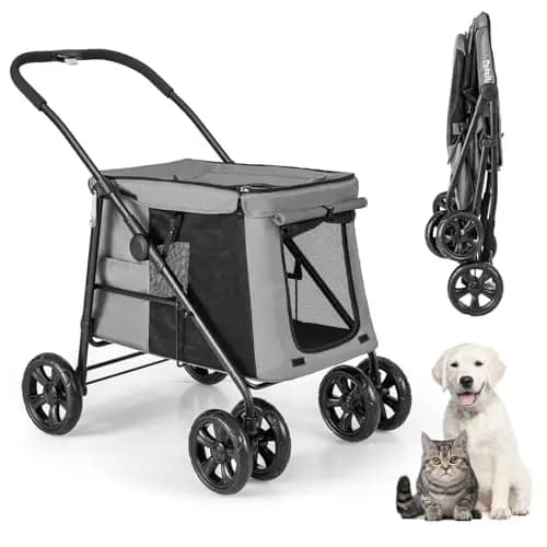 GOPLUS Cochecito para Mascotas para Perros y Gatos de Hasta 40KG, Cochecito Plegable con Cojín Suave, Ventana de Malla y 2 Entradas, Transportador para Perros con Ruedas Universales y Asa, Gris