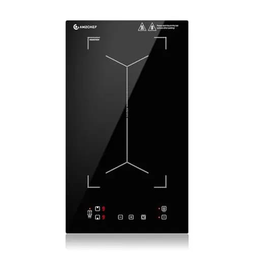 Placa de inducción con zonas flexibles, AMZCHEF placa induccion doble con 9 niveles de potencia, calentamiento intermitente, panel de control de moda, cerradura de seguridad, 3300W, negro