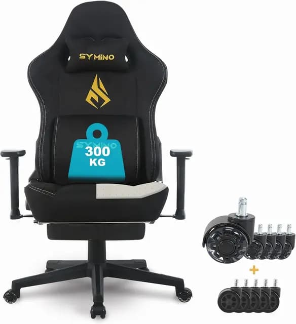 Symino Silla Gaming Ergonómica con Reposapiés, 155° Reclinable: Soporte Lumbar y Reposacabezas Regulable, Ajustable en Altura, Soporta hasta 300kg (Negro)
