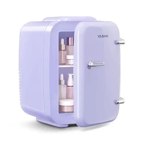YASHE Mini nevera de 4 litros para cosméticos, bebidas, 220 V CA/12 V CC, refrigeración termoeléctrica y calefacción, nevera pequeña para dormitorio, oficina, dormitorio, coche, color morado