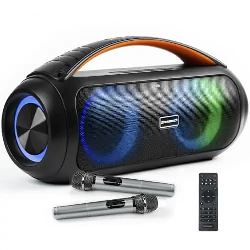 DYNASONIC Altavoz Bluetooth Potente con Micrófono Inalámbrico, Waterproof IPX7, Luces LED RGB, USB/SD/AUX, Batería de Larga Duración. Ideal para Fiestas, Playa y Exterior