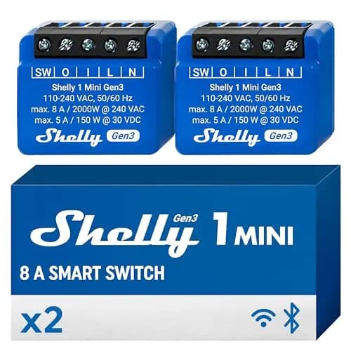 Shelly 1 Mini Gen3 – Relé Interruptor Wi-Fi, 1 Canal 8A con Contactos Secos, Controlador de puerta de garaje, Control Remoto por voz y App, Compatible con Alexa, Google Home y SmartThings - 2 Piezas