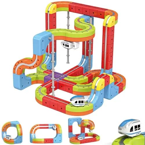 Tren Eléctrico Juguete 88 Piezas, Regalo para Niños 3-12 Años, Kit de Vías de Cubos 3D DIY con 2 Trenes Electricos, Creativo Juego de Construcción