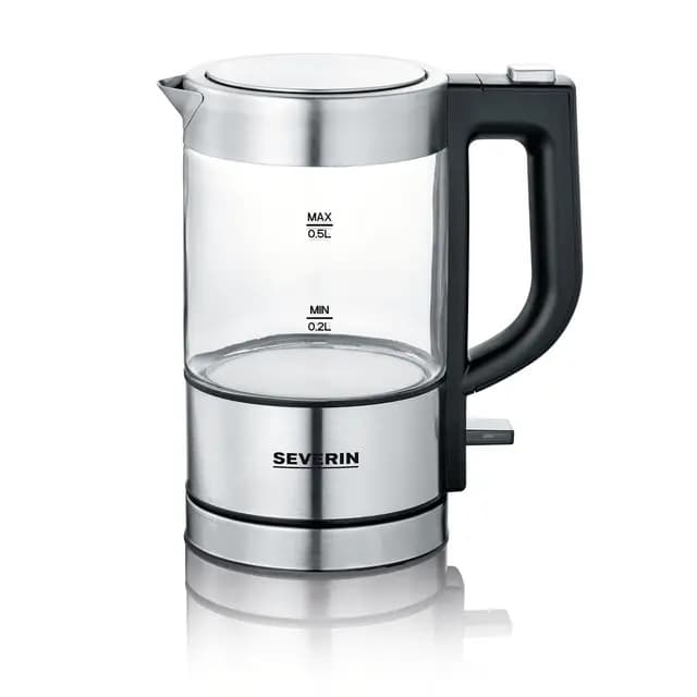 SEVERIN - Mini hervidor de agua 0,5 l, jarra eléctrica de cristal pequeña con filtro antical lavable, base de 360° giratoria y inalámbrica, libre de BPA, acero inoxidable, 1100 W, WK 3472 – Imagen 1
