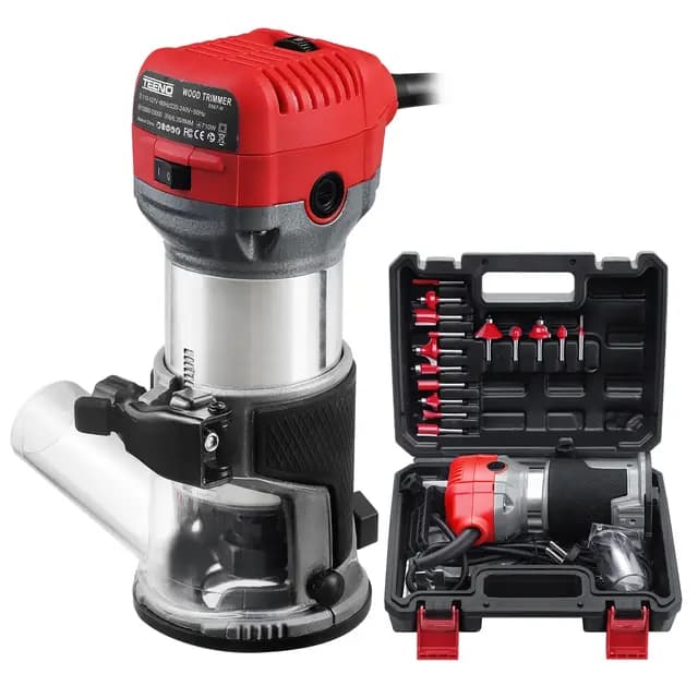 TEENO Fresadora De Madera Rebajadora Eléctrica 800W 13000-33000 RPM CON EXTRACTOR DE POLVO,15 piezas 1/4'' Alicates, 6 Velocidades Variables, Pinza De Base Fija De 6/6.35/8MM, Estuche de Transporte