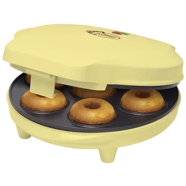 Bestron Donut Maker en diseño retro, mini donut maker eléctrica para 7 pequeños donuts, incl. semáforo de cocción y revestimiento antiadherente, 700 vatios, color: amarillo