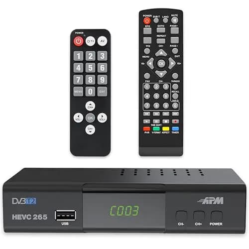 APM Decodificador TNT Full HD 1080p, Sintonizador TNT H.265 HEVC, Control Remoto simplificado, Demodulador DVB-T2 DVB-C Puertos HDMI, Peritel, USB, Coax. Canales Terrestres Gratis Francia Alemania