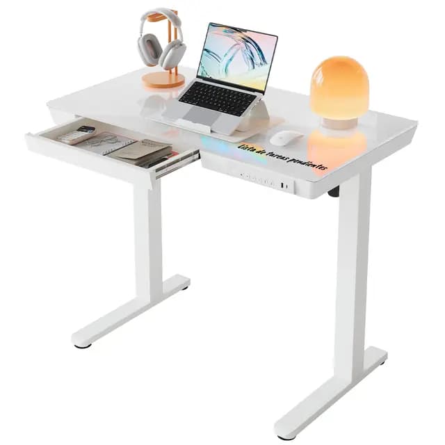 HUANUO 88 x 50 cm Escritorio Elevable, Mesa Elevable de Vidrio con Cajón, Puerto Carga USB y Panel Inteligente de 3 Memorias, Vidrio Blanco