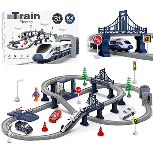 Wdmiya Tren Eléctrico para Niños de 3 4 5 6 7 8 Años, Juego de Tren 104 Piezas, Pista Flexible con Vehículos de Construcción, Juego Educativo Pistas de Coche, Regalo Niños Navidad Cumpleaños