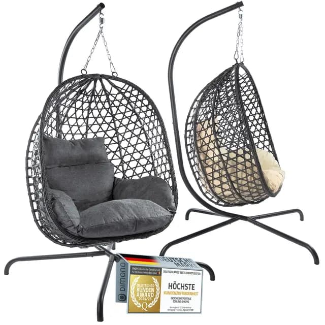 Silla Colgante con armazón; Tumbona suspendida de ratán para Exteriores e Interiores; Columpio Huevo Ideal para jardín, terraza, rincón de Lectura. Capacidad de Carga de 120 kg (Negro)