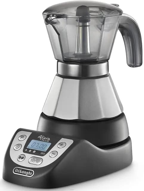 DeLonghi EMKP 21.B Cafetera moka eléctrica, 450 W, cronómetro, 2 tazas, acero inoxidable, negro y plateado