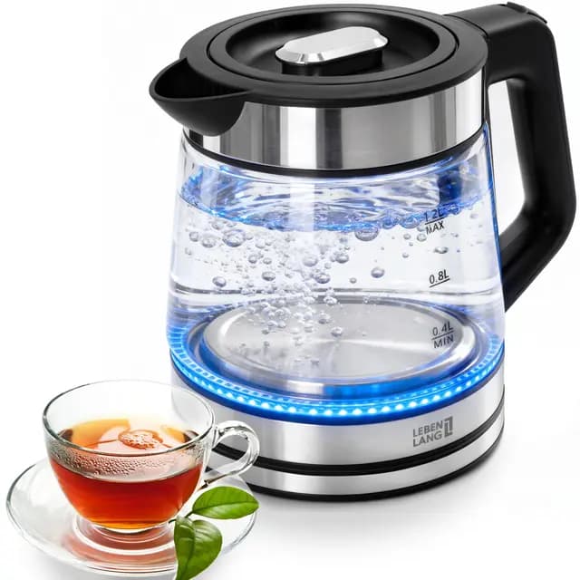LEBENLANG Hervidor de agua de vidrio compacto – 1,2 litros con iluminación LED I Diseño de acero inoxidable sin BPA 1 L / 1,2 L I Hervidor de viaje pequeño para camping Hervidor de vidrio