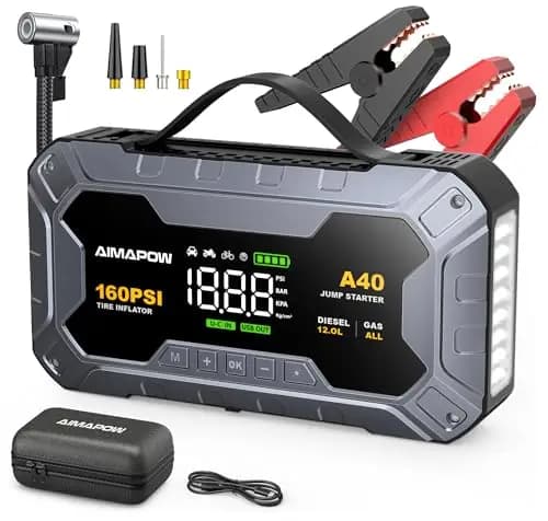 AIMAPOW Arrancador de Coches 9000A con Compresor, 160PSI Inflador de Neumáticos, Jump Starter 12V, Arrancador de Baterias de Coche(Todo Gasolina o 12L Diésel), Pantalla LCD, Luz de Emergencia