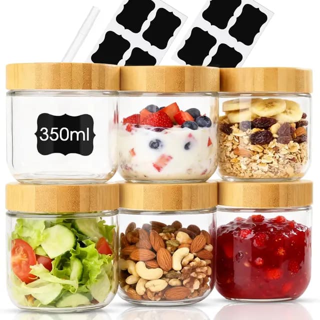 6 Piezas Tarros de Cristal con Tapa, 350ml Vasos Yogurtera con Tapa, Mason Jar Botes de Cristal Hermetico Overnight Oats Jar para Yogur, Mermelada, Especias, Cereales, Pudín