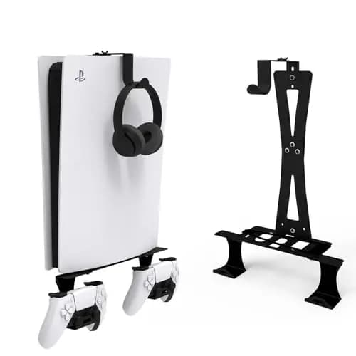 Soporte de Pared para PS5/PS5 Slim/PS5 Pro Soporte de Pared para Consola PS5/PS5 Slim con Soporte para Controlador y Soporte para Auriculares - Accesorios PS5 de Metal sólido - Negro