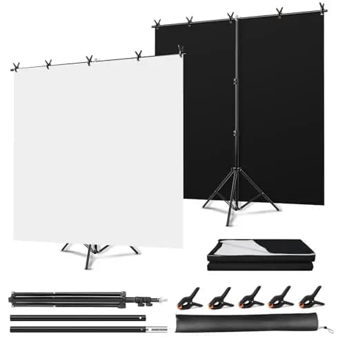 Kit Fondo Fotográfico Reversible Negro y Blanco 150 x 200 cm con Soporte en T y 5 Pinzas, para Fotos, Vídeos, Retratos, Streaming y Decoración de Fiestas