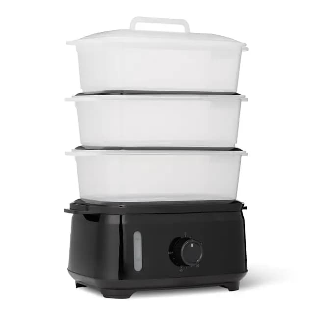 Amazon Basics Vaporizador Eléctrico de Alimentos para Cocinar Verduras con Diseño de 3 Niveles, sin BPA, 9L, 950W, Negro