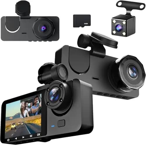 Cámara para Coche 1080P con Cámaras Frontal, Trasera e Interior, Tarjeta SD de 32 GB, Vigilancia de Aparcamiento, Visión Nocturna por Infrarrojos, Sensor G y Grabación en Bucle (Versión Estándar)